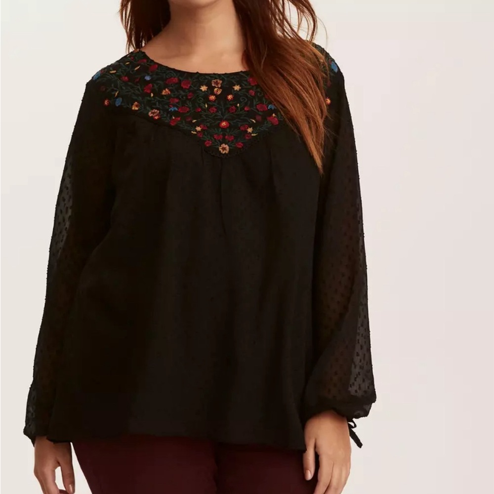 Torrid Multi-Color Embroidered Flower Chiffon Tie Long Sleeve Blouse size 2